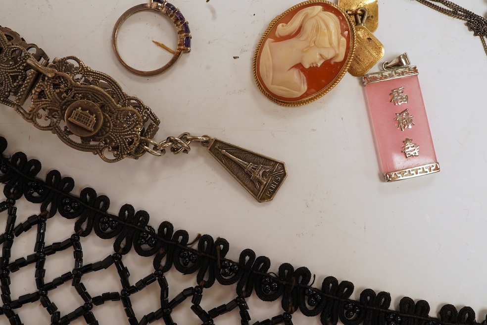 A mixed collection of silver, jewellery and other items including a Norwegian sterling and enamel butterfly brooch, width 61mm, a set of late Victorian shell salts, 925 pendants and rings, brooches, mother of pearl card